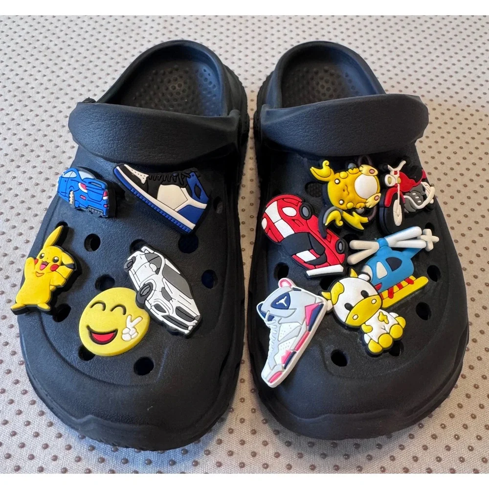 Kids Black Clog Sandals with Pikachu and Car Charms Size 13 Slip On Shoes